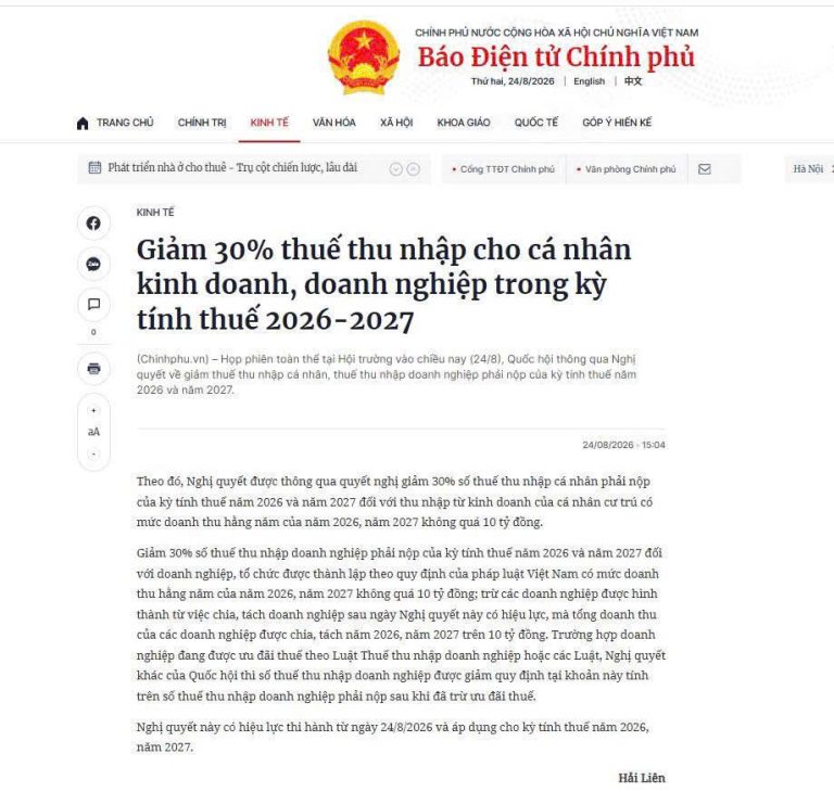 CHÍNH THỨC GIẢM 30% THUẾ TNCN VÀ THUẾ TNDN TRONG KỲ TÍNH THUẾ 2026–2027