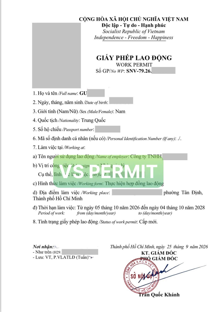 VS LAWFIRM HOÀN TẤT THÀNH CÔNG WORK PERMIT 2 NĂM CHO KHÁCH HÀNG NƯỚC NGOÀI