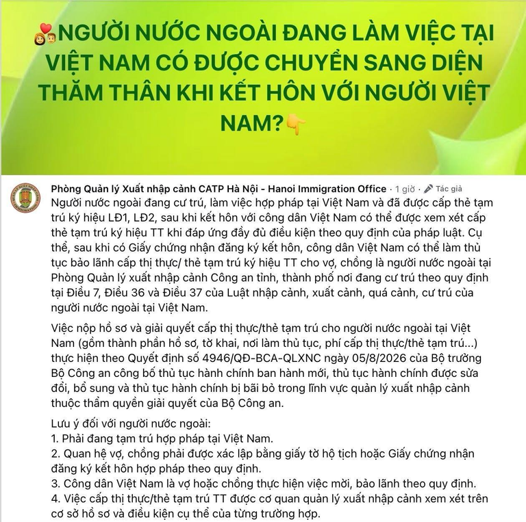 Người nước ngoài đang làm việc tại Việt Nam có được chuyển sang diện thăm thân khi kết hôn với người Việt Nam?